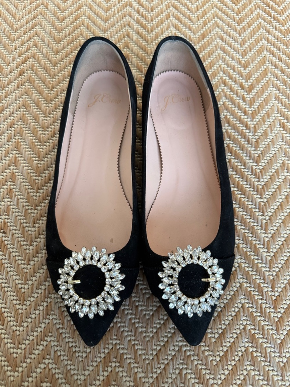 J. Crew Black Pointed-Toe Flats with Crystal Circle Buckles